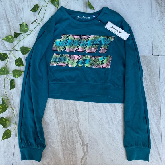 Juicy Couture Retro SMALL NEW RAReE Top 90s Style Long Sleeve Crop Y2K Blue Crew - Picture 1 of 10